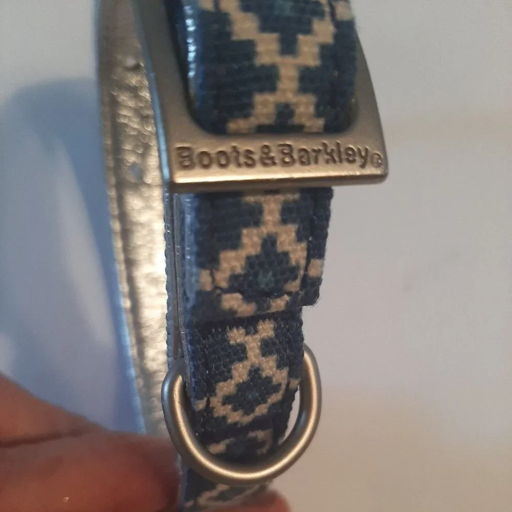 Small Boots and Barkley Dog Collar Blue Silver Geometric Design